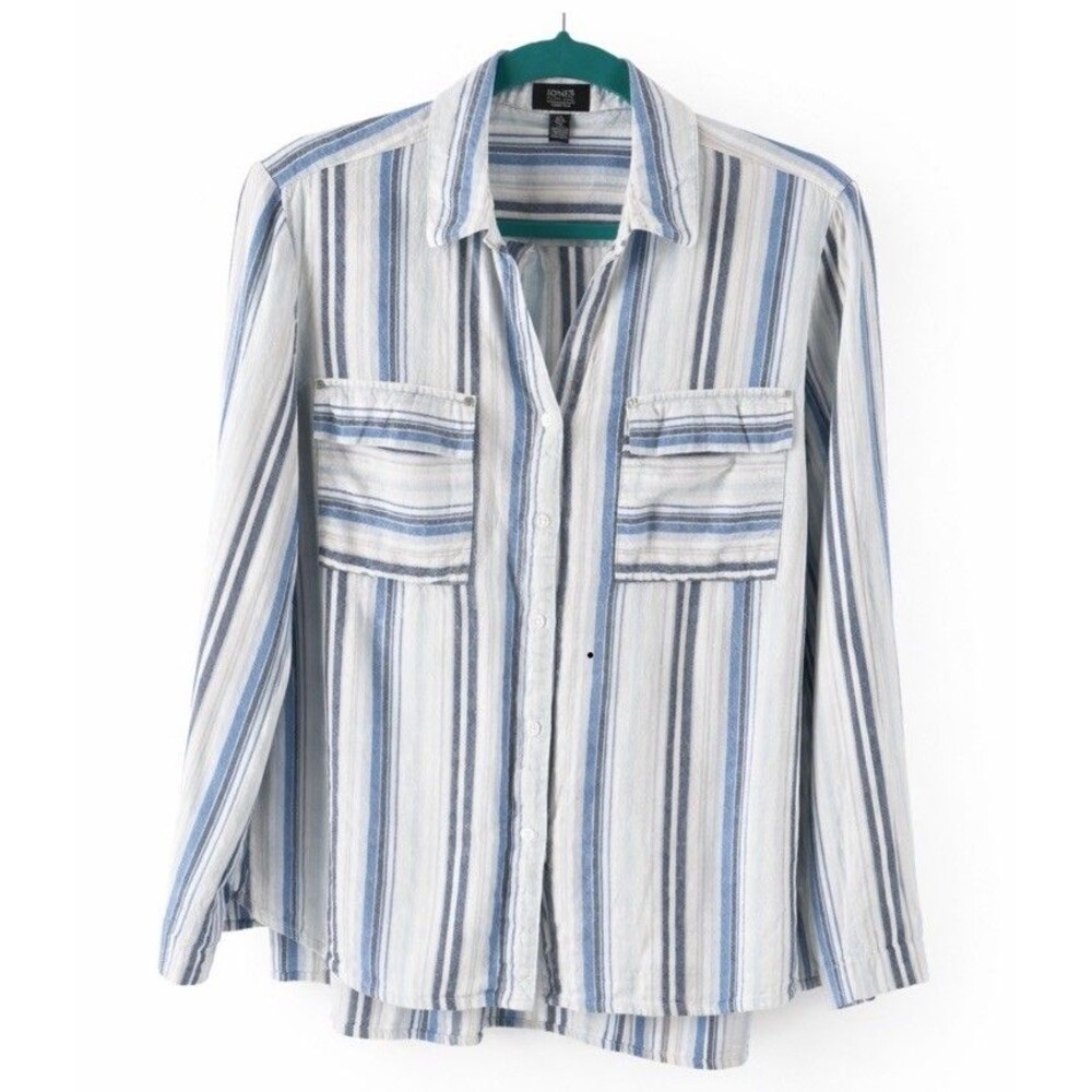 Blue White Striped Linen Blend Coastal Tunic Shirt Large Button Down Resort Wear